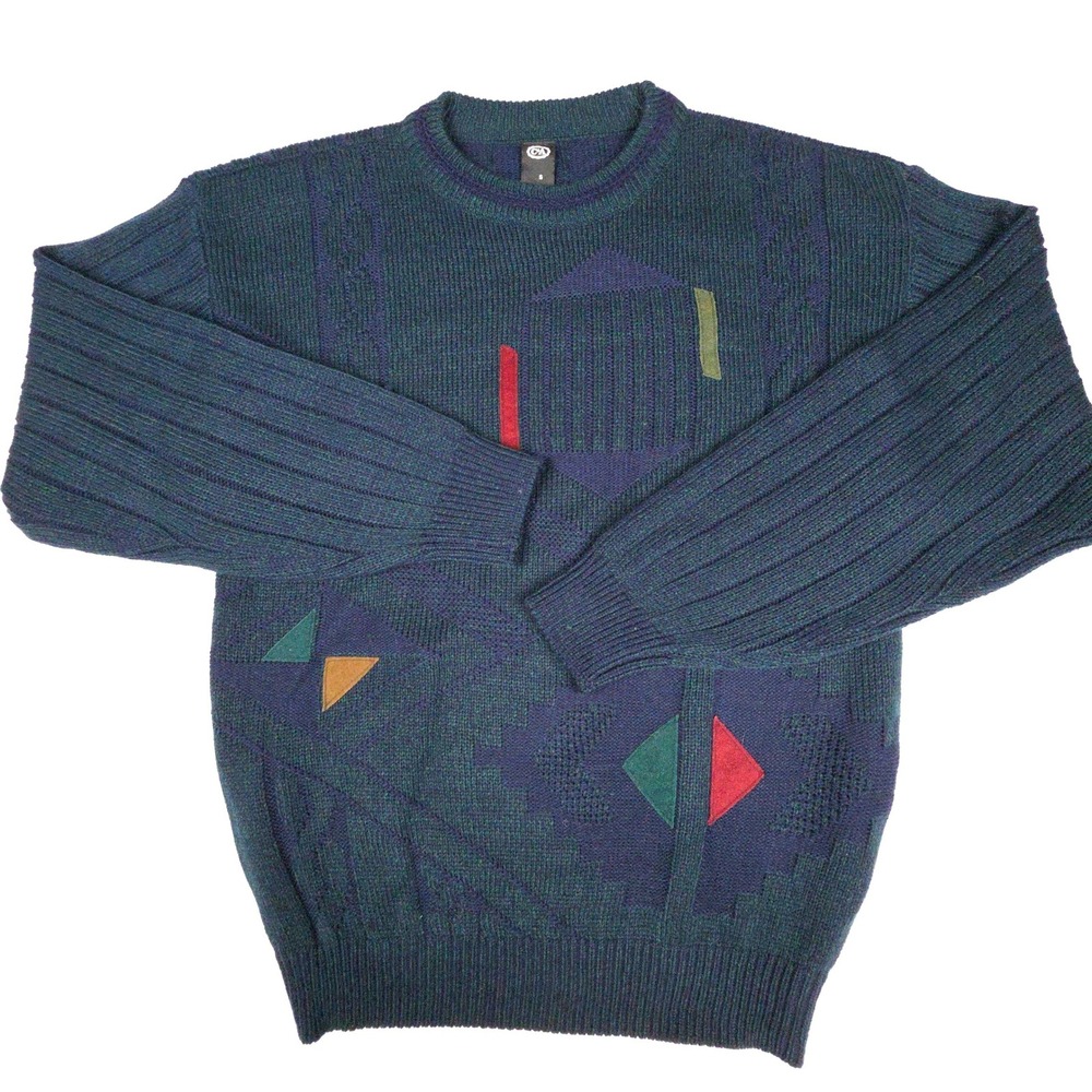 C&A Leather Geometric Pattern Crewneck Sweater Mens Size S Teal Blue